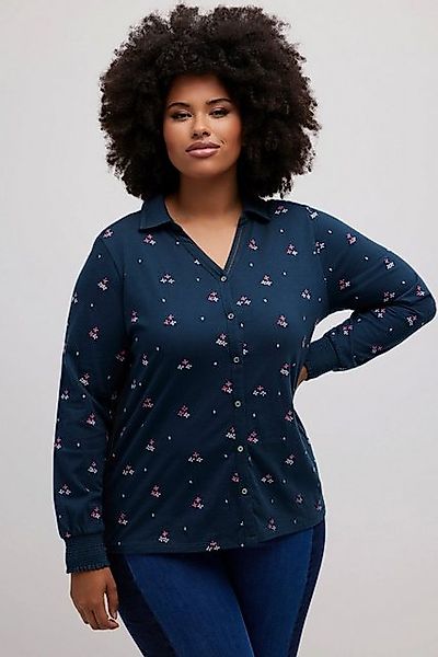 Ulla Popken Longsleeve Jersey-Bluse Stickerei Gummisaum Hemdkragen günstig online kaufen