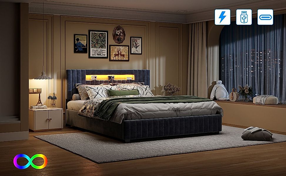 Gdood Polsterbett Doppelbett LED Stauraumbett (1-tlg., Ausgestattet mit hyd günstig online kaufen