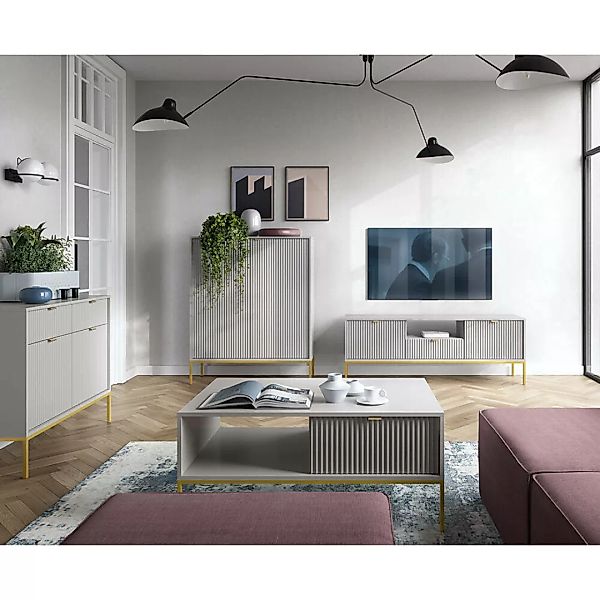 Wohnmöbel Set grau, Fußgestell goldfarben, NEWCASTLE-160, 4-teilig inkl. Co günstig online kaufen