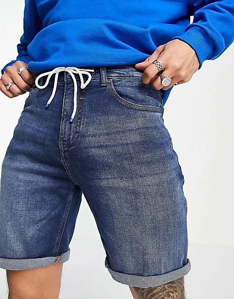 Pull&Bear – Enge Jeansshorts in Blau mit Rissen günstig online kaufen