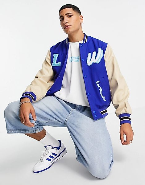 ASOS DESIGN – College-Jacke mit Kunstlederärmeln-Blau günstig online kaufen