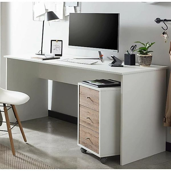 Büro Schreibtisch inkl. Rollcontainer BRAGA-80 in weiß mit Wildeiche Nb., B günstig online kaufen