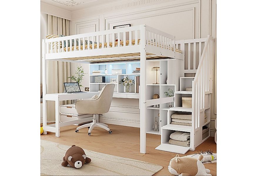 Flieks Hochbett Kinderbett 140x200cm mit Ambientelicht, Ablagefächer und Sc günstig online kaufen