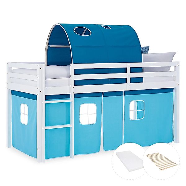 Homestyle4u Kinder Hochbett 90x200 mit Matratze Tunnel Vorhang Blau Kinderb günstig online kaufen