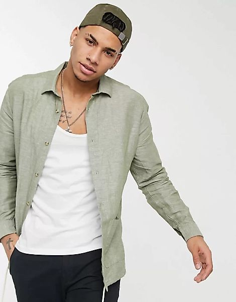 ASOS DESING – Hemdjacke aus Leinen mit Kordelzug im Saum in Khaki-Grün günstig online kaufen