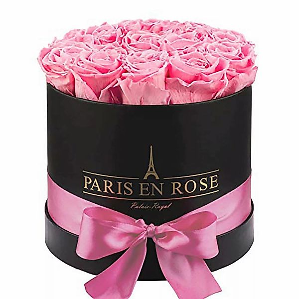 Rosenbox Ø 19 cm Schwarz mit Schleife und 14 Rosa Rosen günstig online kaufen