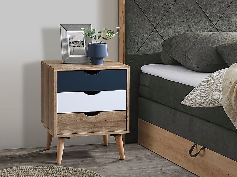 Nachttisch mit 3 Schubladen - Holzfarben, Weiß und Blau - LURVIA günstig online kaufen