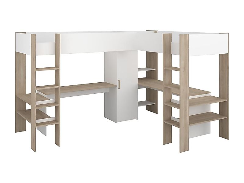 Doppel-Eckhochbett mit Stauraum & Schreibtisch - 2 x 90 x 200 cm - Weiß & H günstig online kaufen