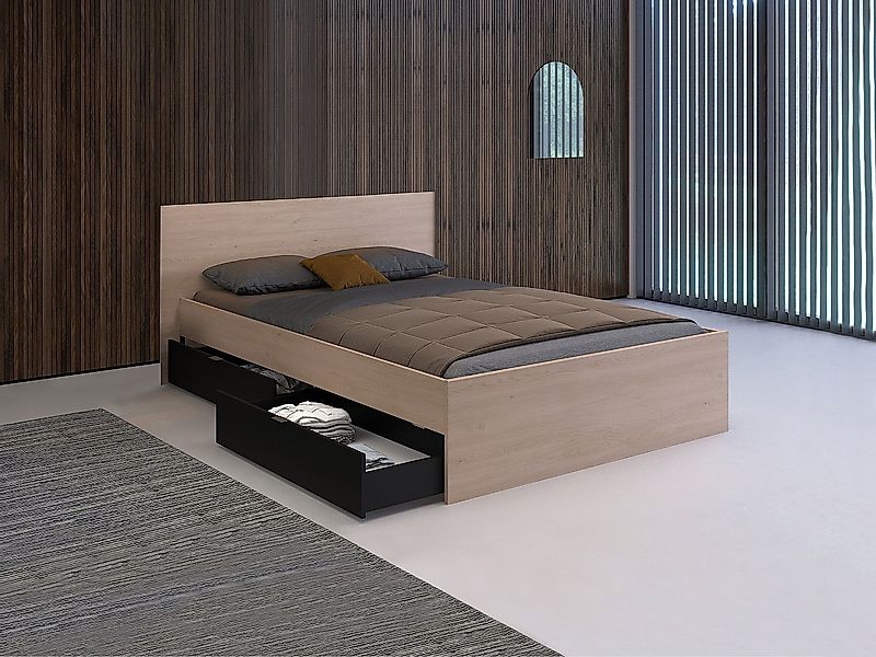 Bett mit 4 Schubladen - 140 x 190 cm - Naturfarben & Schwarz - VELONA günstig online kaufen