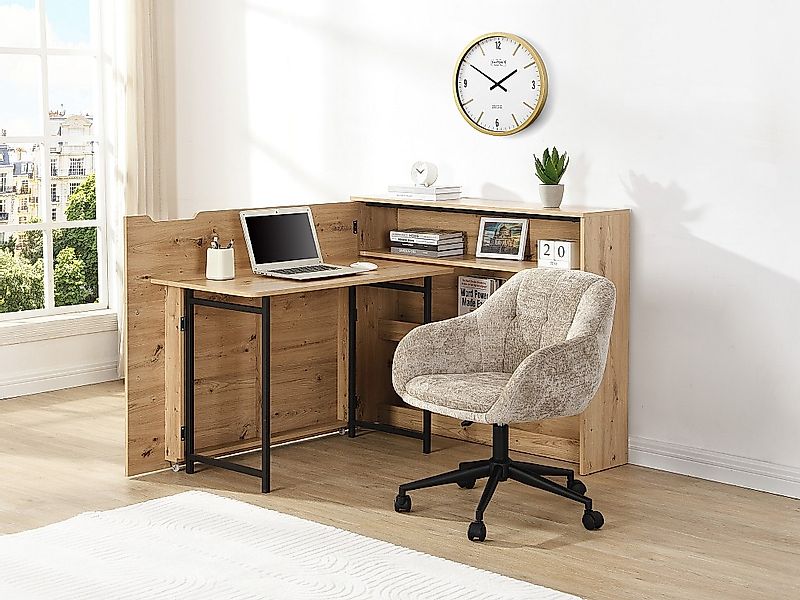 Eckschreibtisch Klappbar - MDF - Natur - RELIMY günstig online kaufen