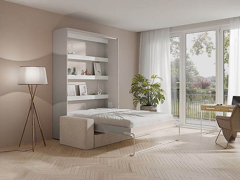 Schrankbett 140 x 200 cm - Manuelle vertikale Öffnung - Mit LEDs - Beige + günstig online kaufen