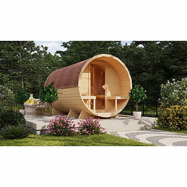 Karibu Fass-Sauna 3 Set Naturbelassen mit Ofen 9 kW Bio ext. Steuerung günstig online kaufen