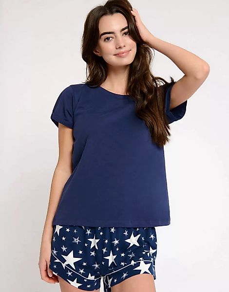 Chelsea Peers – Kurzer Pyjama aus Baumwolle in Marineblau mit Sternenmuster günstig online kaufen