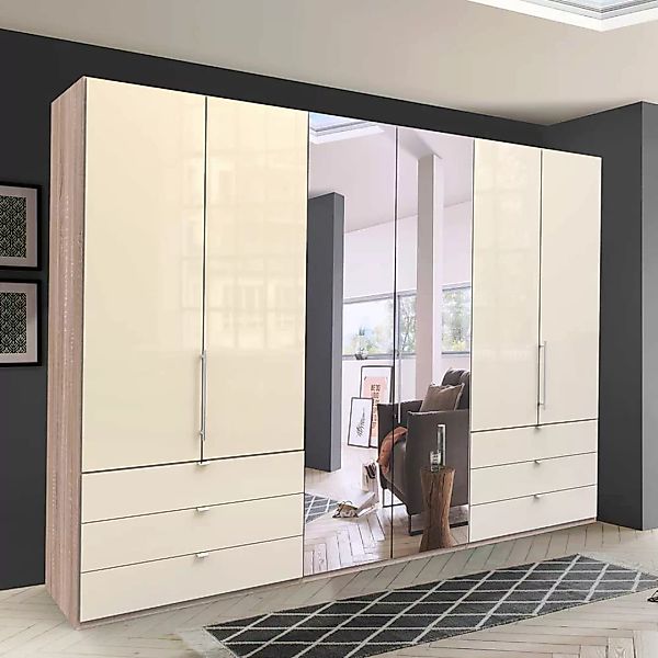 Panorama Kleiderschrank 3 türig Spiegel Schubladen glasbeschichtet günstig online kaufen