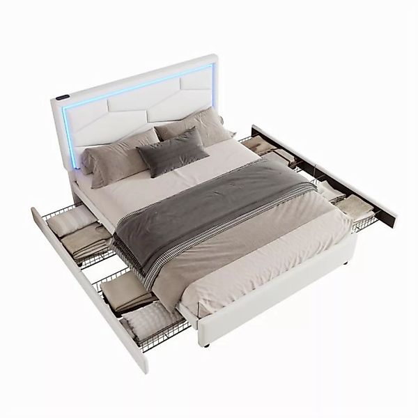 Sweiko Polsterbett Doppelbett 140x200cm,Stauraumbett mit USB+Typ C und 4 Sc günstig online kaufen