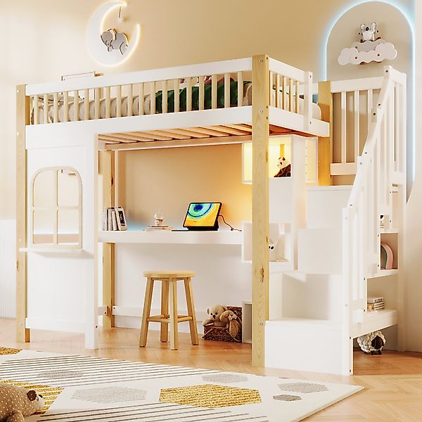 OKWISH Kinderbett Holzbett Hochbett (mit LED-Leuchten, günstig online kaufen