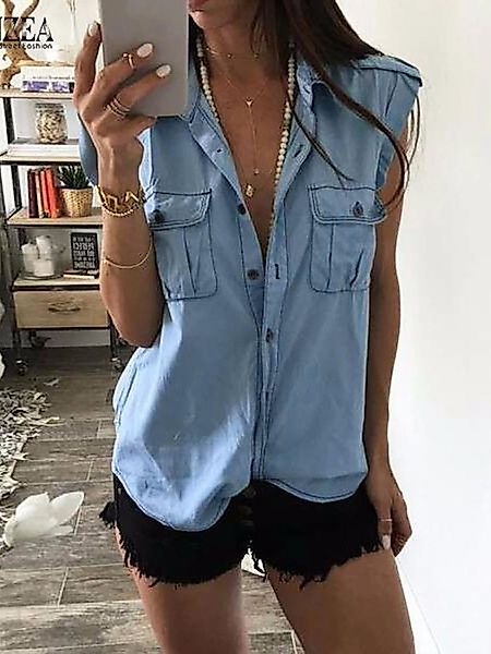 YOINS Blue Denim Classic Ärmellose Bluse mit Kragen günstig online kaufen