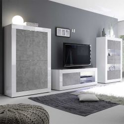 Design Wohnwand in Beton Grau und Weiß Hochglanz Metallgriffen (dreiteilig) günstig online kaufen