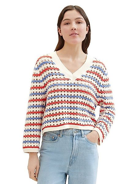 TOM TAILOR Denim Strickpullover in Streifen-Optik und mit V-Ausschnitt günstig online kaufen