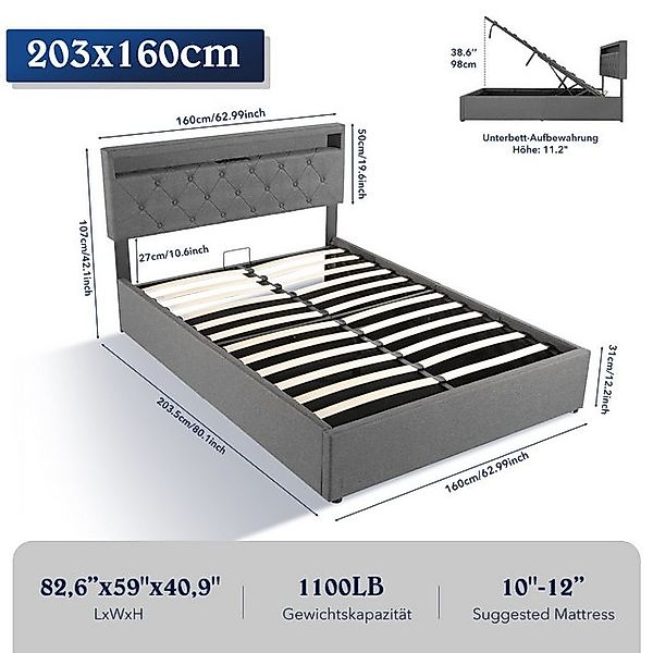 oyajia Polsterbett Doppelbett mit LED Licht 140x200cm,Hydraulisch anhebbare günstig online kaufen