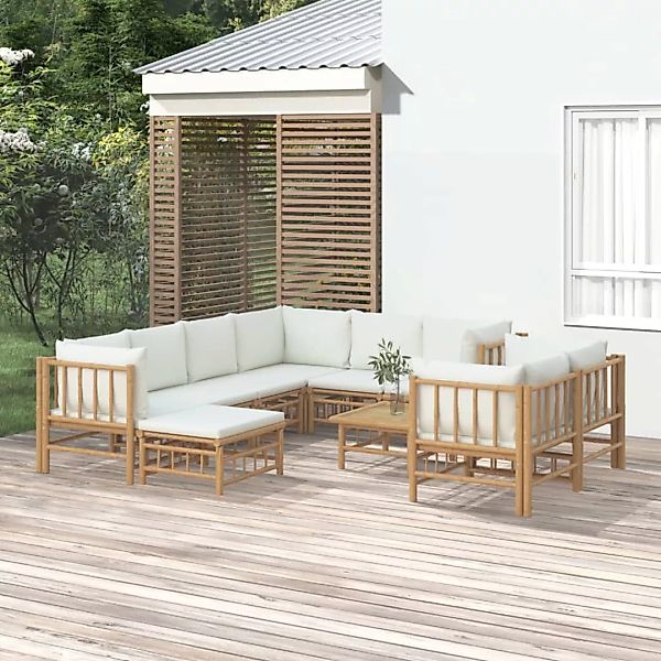 Vidaxl 10-tlg. Garten-lounge-set Mit Cremeweißen Kissen Bambus günstig online kaufen