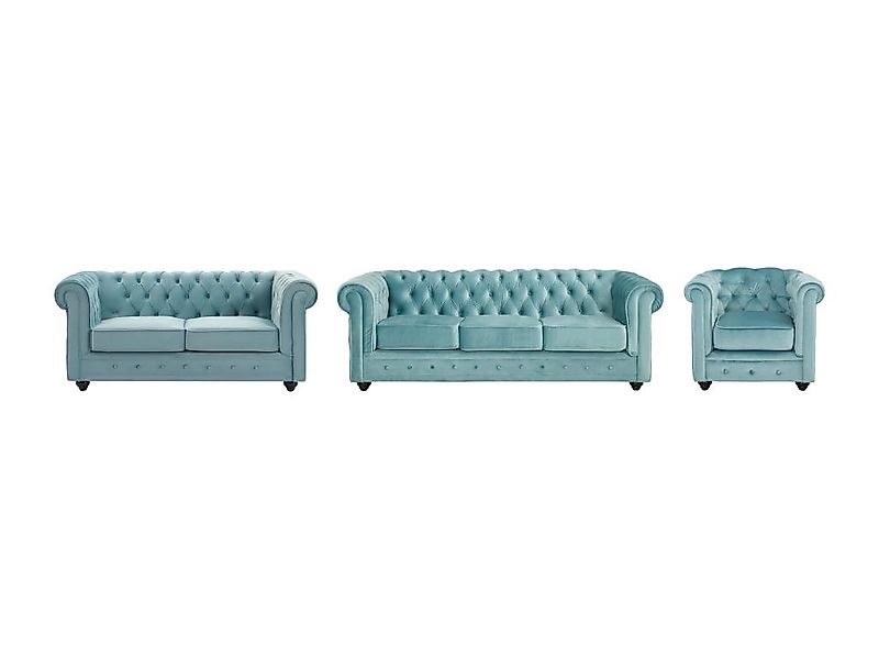 Sofa 3-Sitzer & 2-Sitzer & Sessel - Samt - Pastellblau - CHESTERFIELD günstig online kaufen