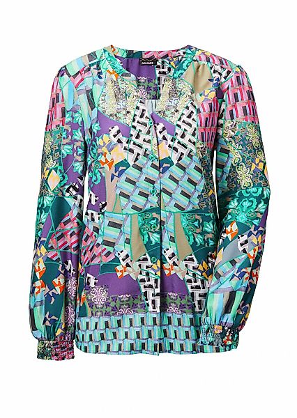 GOLDNER Klassische Bluse "Kurzgröße Patchworkbluse mit Rundhals, V-Schlitz" günstig online kaufen