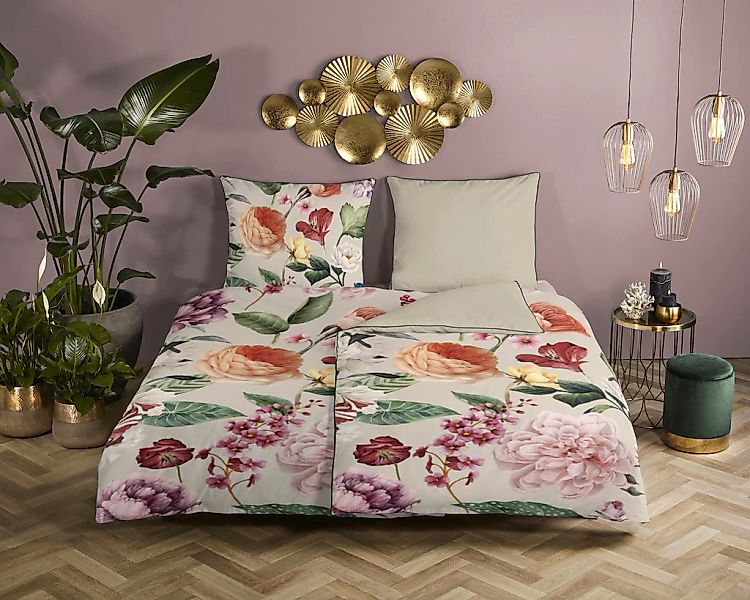 Descanso Wendebettwäsche "Fiori" 2 Stk. Baumwolle, Satin, 135x200, Biese, R günstig online kaufen