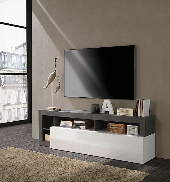 TV-Möbel mit 1 Tür & 4 Ablagen - Weiß lackiert & Eichefarben - SEFRO günstig online kaufen