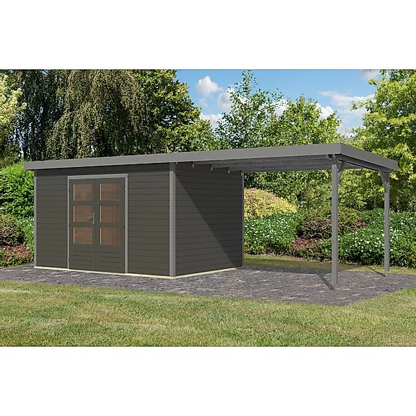 Karibu Gartenhaus Domingo 7 B m. Anbaudach Terragrau/Grau 219 x 360 x 240 c günstig online kaufen