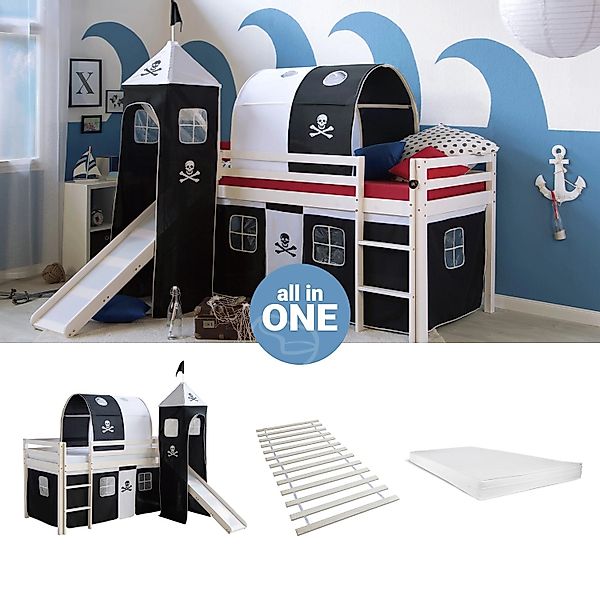 Homestyle4u Hochbett 90x200 Vorhang Lattenrost Matratze Rutsche Tunnel Turm günstig online kaufen