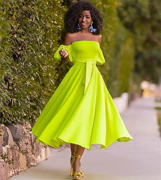 RUZU UG Dirndl One-Shoulder-Kleid einfarbiges Röcke Kleid Puffärmeln Sommer günstig online kaufen