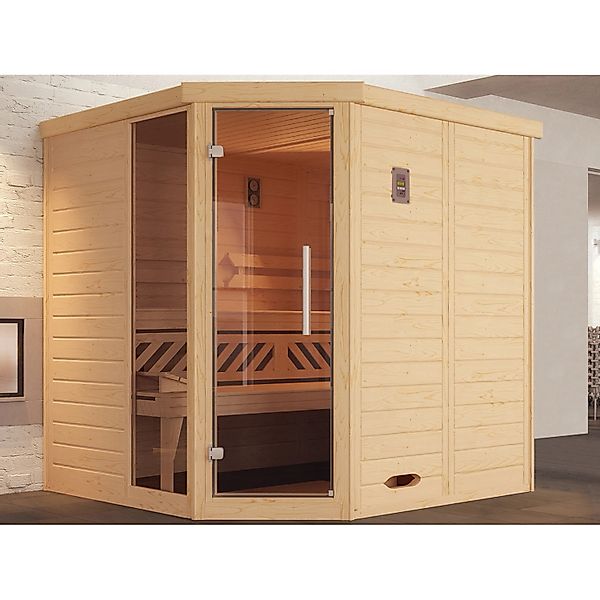 Weka Massivholzelementsauna Kemi Eck 1 Sparset 7,5 kW OS Glastür/Fenster günstig online kaufen