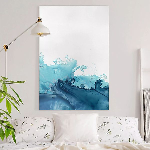 Leinwandbild Abstrakt - Hochformat Welle Aquarell Blau I günstig online kaufen
