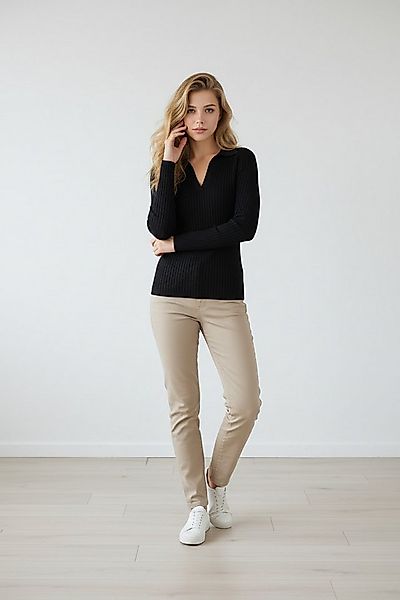 Zuckerwatte V-Ausschnitt-Pullover Rippstrickoptik aus Viskose mit Elasthan günstig online kaufen