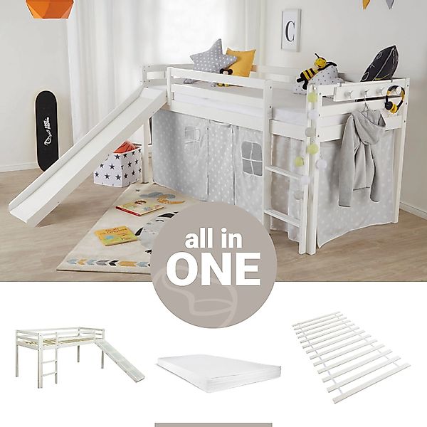 Homestyle4u Kinderbett 90x200 mit Lattenrost Matratze und Rutsche in Weiß 2 günstig online kaufen