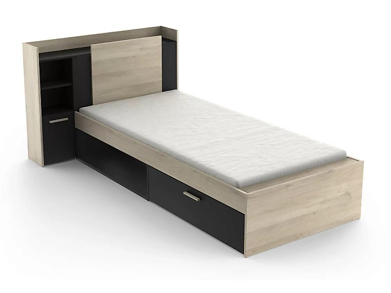 Kombi-Bett mit Stauraum - 90 x 190/200 cm - Schwarz & Holzfarben - MARTELO günstig online kaufen