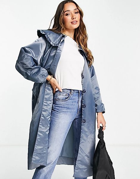 Ghospell – Longline-Mantel mit Oversized-Kragen-Blau günstig online kaufen