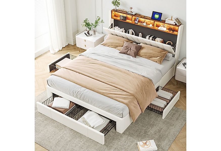 PXloue Polsterbett LED Doppelbett, Kopfteil mit Stauraum,3 Schubladen,140x2 günstig online kaufen