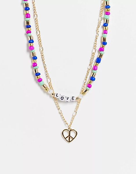 Liars & Lovers – Mehrreihige, goldfarbene Halskette mit Peace und Love-Zeic günstig online kaufen