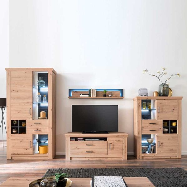 Wohnzimmer Anbauwand in Eichefarben und Anthrazit modern (vierteilig) günstig online kaufen