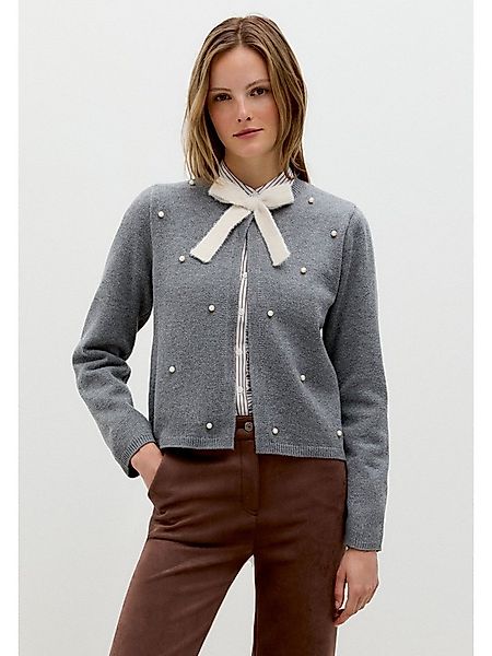 MORE&MORE Strickjacke kurze Feinstrickjacke mit Perlen und Schleife günstig online kaufen