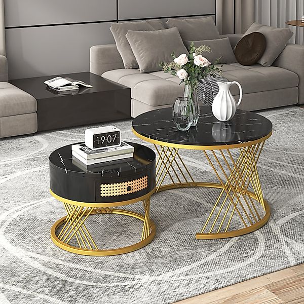 2-in-1 Runder Couchtisch aus MDF, mit Rattan-Schubladen, goldene Eisenfüße, günstig online kaufen