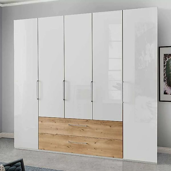 Hoher Kleiderschrank in Weiß glasbeschichtet Eiche Bianco günstig online kaufen