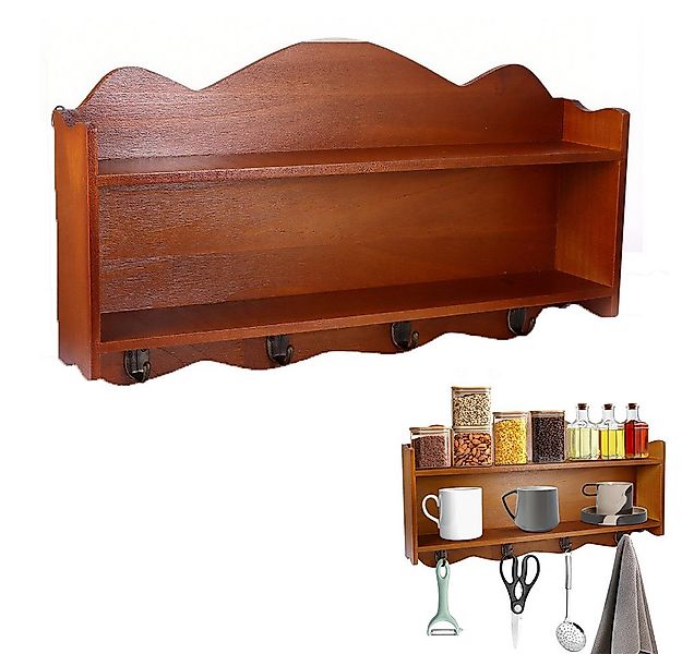 BlingBin Gewürzregal Wandregal Holz mit 2 Ablagen & 4 Haken, Rustikales Küc günstig online kaufen