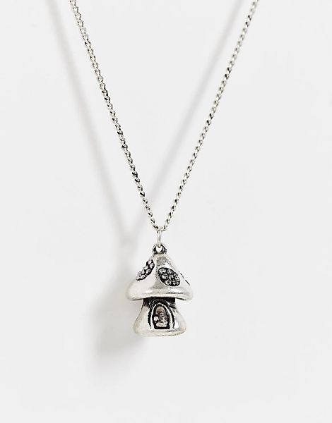 Reclaimed Vintage – Inspired – Lange Halskette mit Pilz-Anhängern in Silber günstig online kaufen