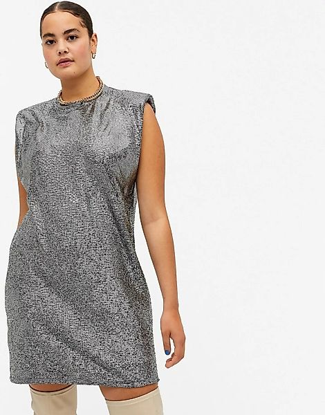 Monki – Alvina – Glitzerndes T-Shirt-Minikleid mit Schulterpolstern-Silber günstig online kaufen