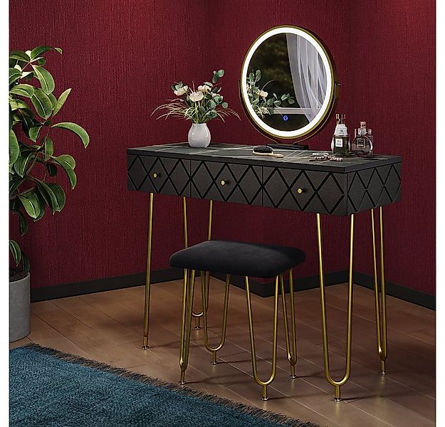 Vicco Schminktisch Mirabell, Marmor/Schwarz, 100 cm mit LED Spiegel und Hoc günstig online kaufen