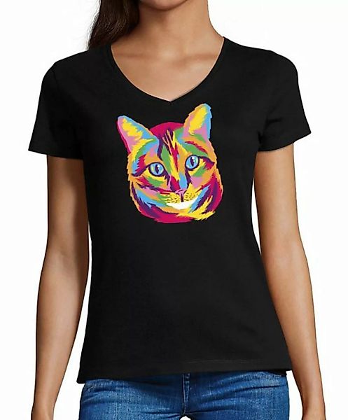 MyDesign24 T-Shirt Damen Katzen Print Shirt bedruckt - Katze in Ölfarben V- günstig online kaufen