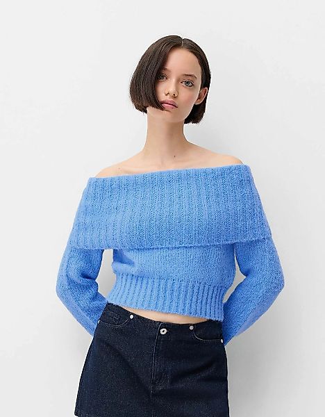 Bershka Pullover Mit Carmen-Ausschnitt Und Patentmuster Damen Xs Hellblau günstig online kaufen